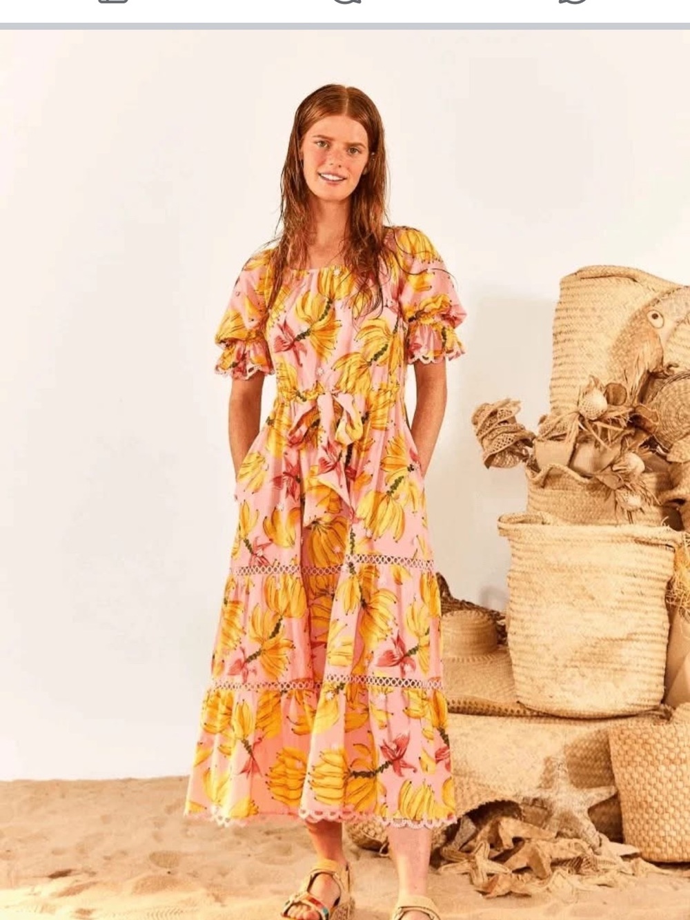 FARM Rio Pink Maxi Dress with Yellow Banana Print